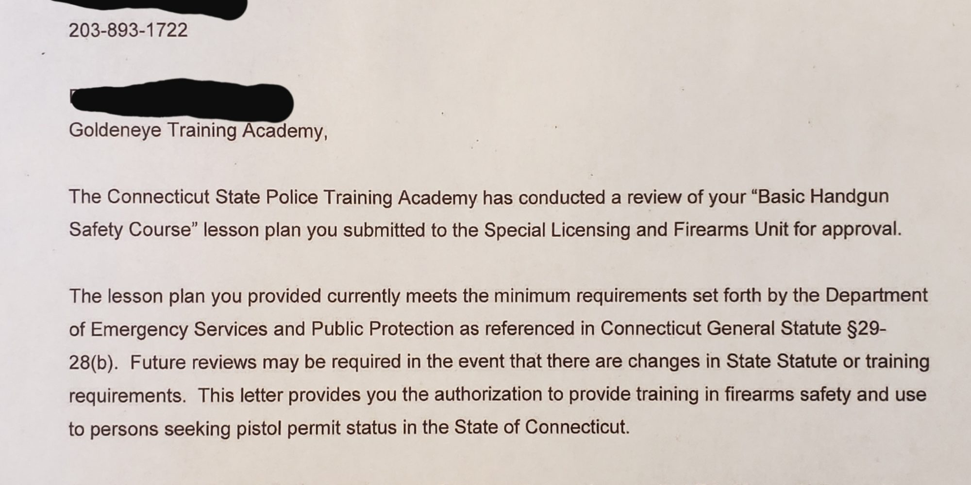 CT State Police Basic Firearm Safety Course Letter